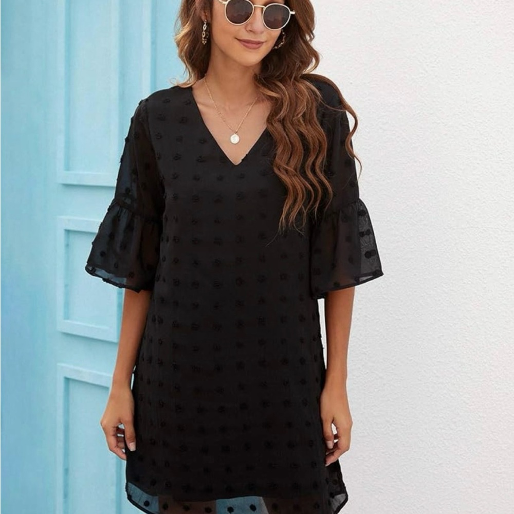 Blooming Jelly Black V-Neck Ruffle Chiffon Shift Dress